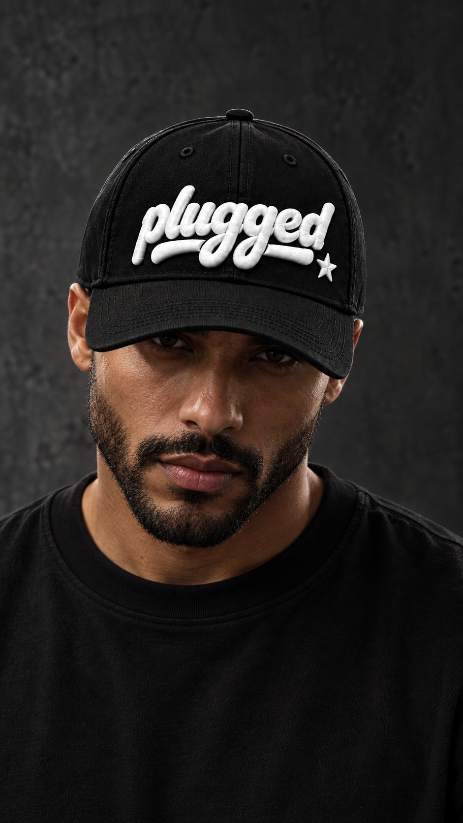 Black Plugged Signature Cap with white embroidered branding