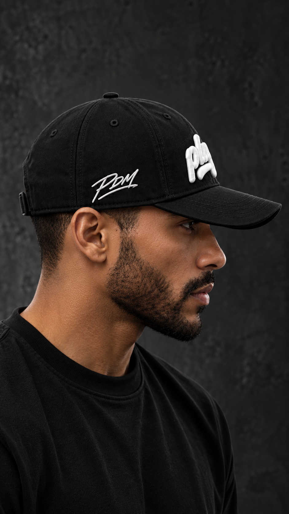 Black Plugged Signature Cap with white embroidered branding