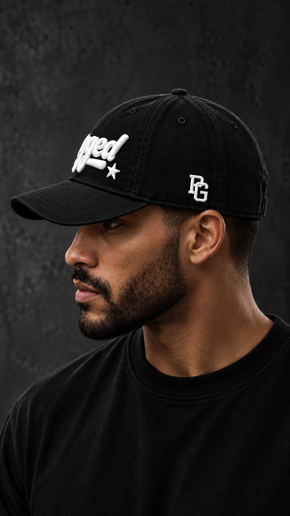Black Plugged Signature Cap with white embroidered branding